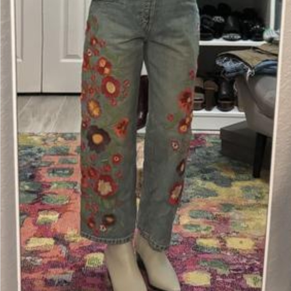 Free People Floral Embroidered Cropped Jeans